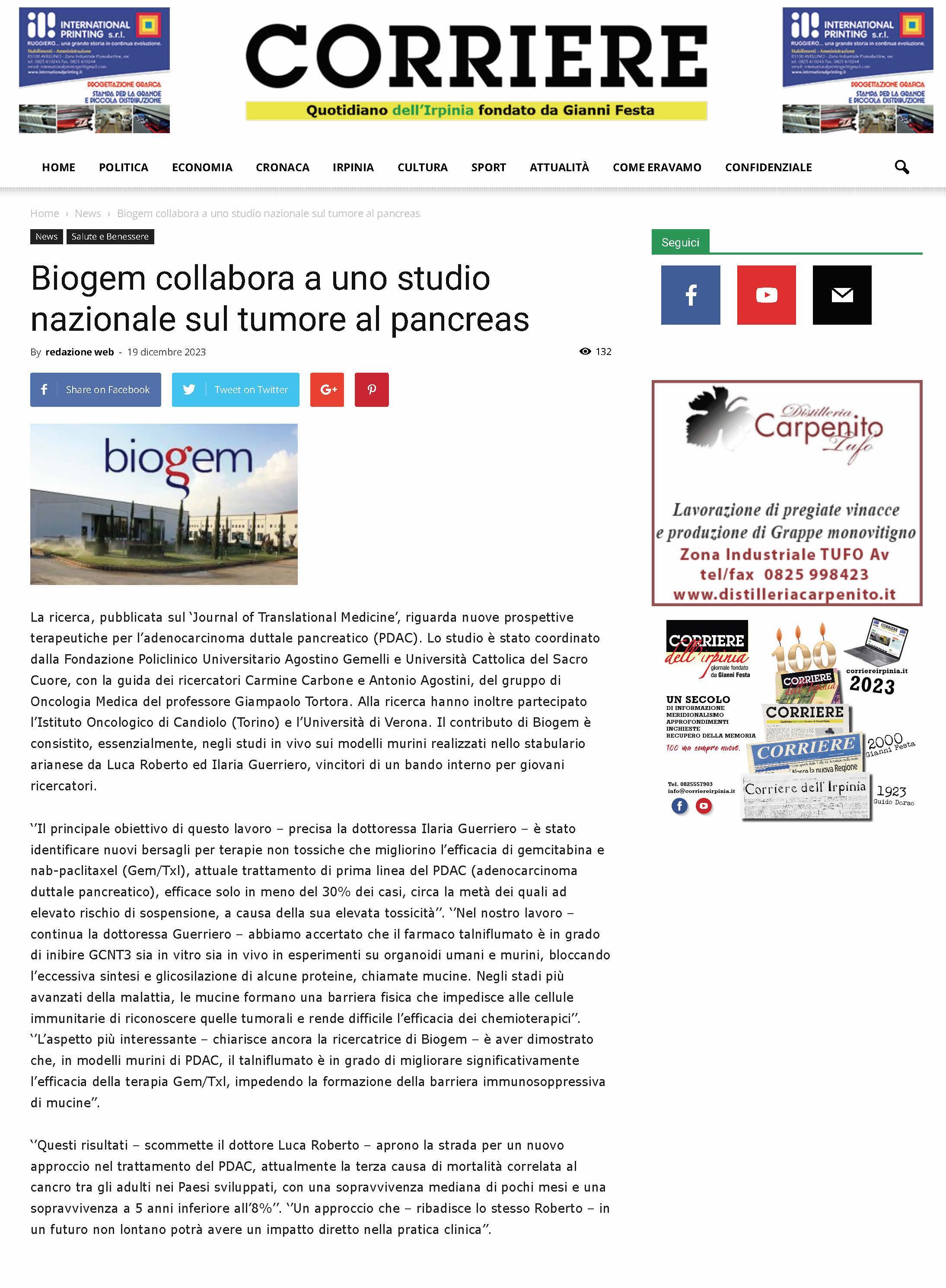 Biogem collabora a uno studio nazionale sul tumore al pancreas